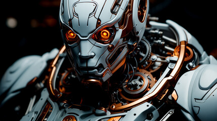 Fototapeta premium A robot with a helmet on a dark background