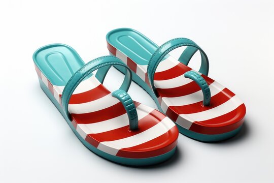 A Pair Of Red And White Striped Sandals. Realistic Clipart On White Background