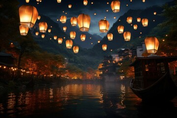Chinese Nighttime lantern festival, glowing sky lanterns, reflection on water, riverside celebration, silhouetted figures, tranquil scenery, warm lighting, cultural event, peaceful illustration - obrazy, fototapety, plakaty