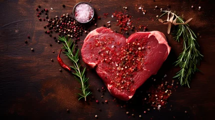 Fotobehang A piece of raw meat in the shape of a heart. Generative AI, © yanadjan