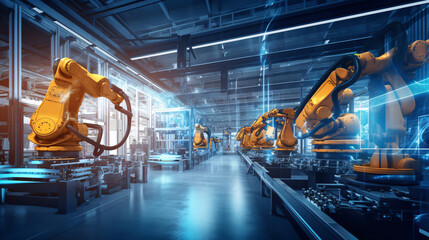 Industry 4.0 in action within a smart factory with machinery, and robotics in a futuristic industrial setting. Innovation, engineering, and interconnected systems. Generative AI