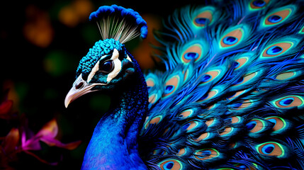 Portrait of beautiful peacock with feathers out