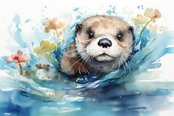 A playful otter floating on its back, with a watercolor background featuring shades of blue and green to create the illusion of water