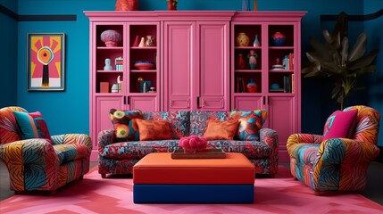 a maximalist twist on minimalist design with bold patterns and concealed storage in vibrant furniture