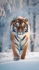 Obraz premium Tiger against the backdrop of a winter landscape.