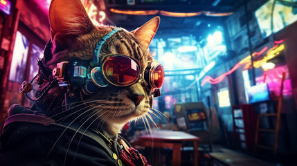Fototapeta na wymiar Cyberpunk Feline: Cat in Neon Lights