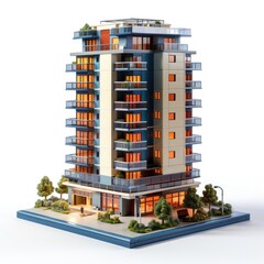 A model of a tall building with balconies.