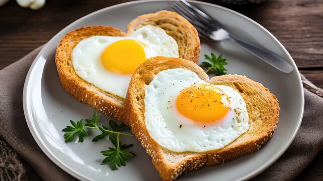 Craft a love-filled breakfast: Heart-shaped egg in toast on a ceramic plate. Best image secures stocks in a leading Valentine's culinary brand!"
