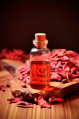 Obraz na płótnie Canvas Rosewood essential oil in a bottle. Generative AI,