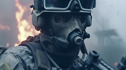 Portrait of an armed soldier in a combat zone.