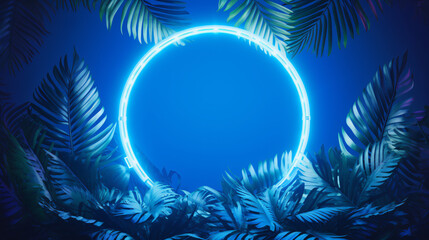 Fototapeta na wymiar Blue Neon Ringlight With Tropical Leaves Empty Product Photo Background