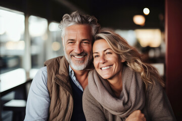 Mature charming couple in a coffee shop having an amorous date. Smiling positive faces. Blond woman and white haired man.  - obrazy, fototapety, plakaty