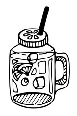 Drink dishes jar for lemonade with tube. Line art hand drawn illustration. Black vector sketch isolated on white.	