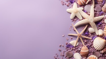 Fototapeta na wymiar seashells, stones and starfish on a lavender background with space for text.