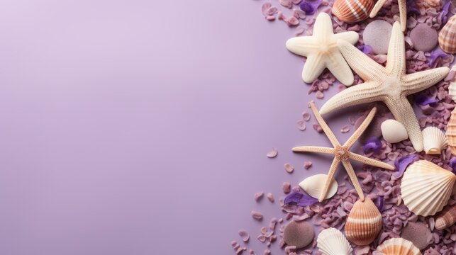 seashells, stones and starfish on a lavender background with space for text.