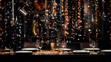 Confetti flying above a table adorned with New Year decorations.