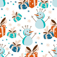 pattern with snowflakes, gift boxes, snowmans vector