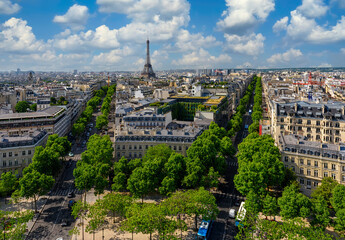 Fototapeta premium Skyline of Paris with Eiffel Tower in Paris, France. Eiffel Tower is one of the most iconic landmarks of Paris. Cityscape of Paris