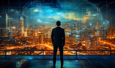 Businessman looking at night city with glowing map. Global business concept.