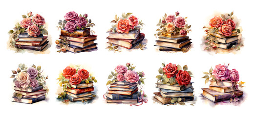 Watercolor Illustration with stack of books and roses
