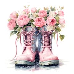 Watercolor illustration waterproof boots with roses isolated