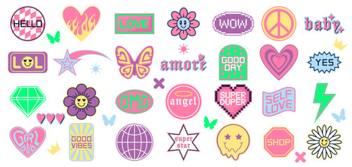 Collections of cool trendy Y2K stickers with phrases, stars, flowers, smiles and others. Funky, groovy, hipster patches set. Modern vector illustration isolated on white background.