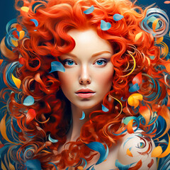 Beautiful young woman with red curly hair and colorful petals.