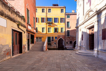 Venice. Old traditional colorful stone houses in the old part of the city.