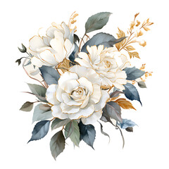 Watercolor white roses with gold elements isolated for wedding decoration