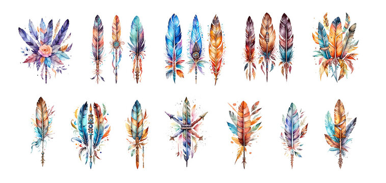 Boho arrow feather watercolor retro  elements isolated