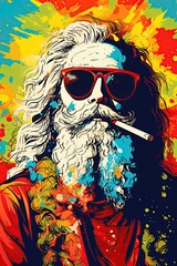 Santa Claus smoking a cannabis joint. Christmas concept art. Illustrated poster design. Ai Generative