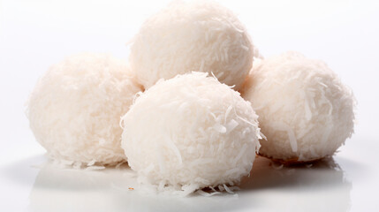 Fototapeta na wymiar Coconut balls dessert with coconut flakes. Generative AI,