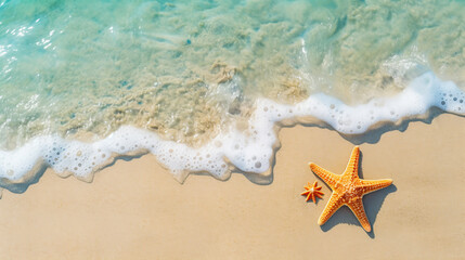 Fototapeta na wymiar Starfish on the sand beach in clear sea water. Summer background. ai generative