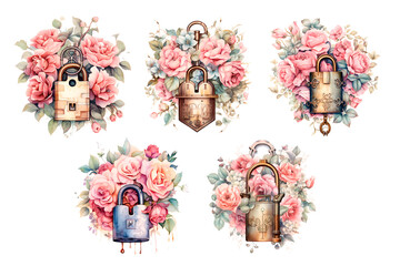Watercolor illustration lock with flowers composition isolated
