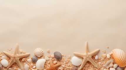 seashells, stones and starfish on the sand with space for text.