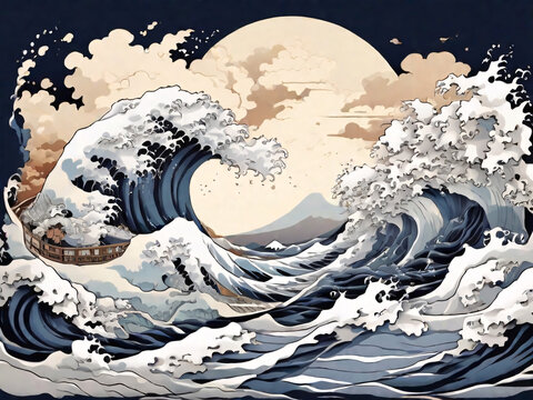 Japan swirl wave ocean painting illustration. tsunami drawing, Japanese asia and oriental traditional line art design.
