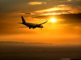 Fototapeta premium Airplane fly on the sky at sunset, travel concept