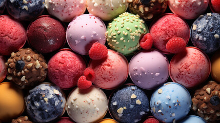 Obraz premium ice cream balls with different flavors of blueberry, strawberry, pistachio, almond, orange and cherry background. ai generative