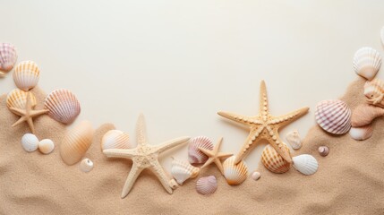 Fototapeta na wymiar seashells, stones and starfish on the sand with space for text.