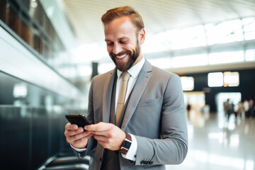 Naklejka na ściany i meble A business man smiling while looking at his phone at an airport.