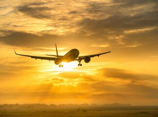 Airplane fly on the sky at sunset, travel concept