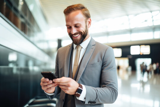 A business man smiling while looking at his phone at an airport.