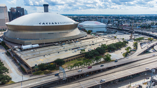 Aerial view of the New Orleans Saints stadium superdome. Photo made in New Orleans, LA, USA in 20 Oct 2023. 