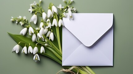 a letter in a convoy on the background of a bouquet of the first spring flowers of snowdrops

