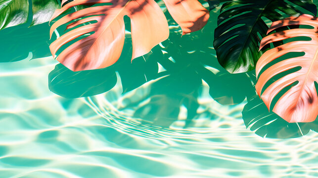 Palm leaves on the background of the pool. Generative AI,