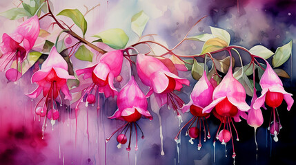 Fototapeta na wymiar Watercolor illustration of pink fuchsia flowers on watercolor background