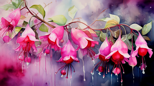 Watercolor illustration of pink fuchsia flowers on watercolor background