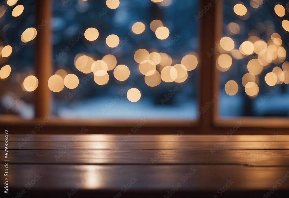 Poster empty wooden table with bokeh lights against a blurred festive window background