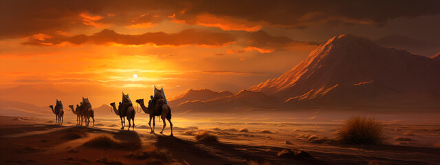Camel caravan at sunset in the desert. Generative AI, - obrazy, fototapety, plakaty