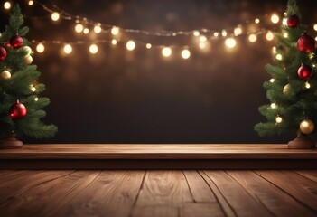 Fototapeta na wymiar Empty Wooden Table or Podium with Christmas Trees and Hanging Lights: Festive Holiday Background with Copy Space